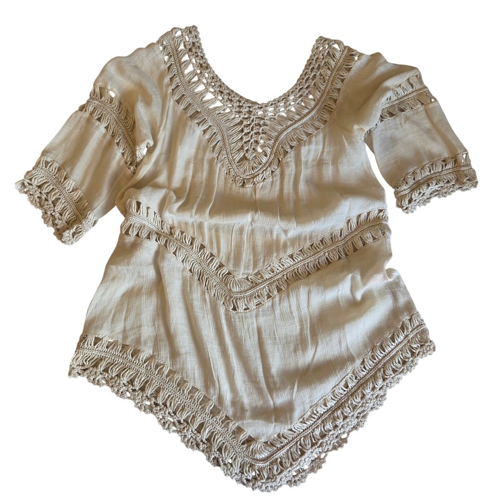 Ivory Crochet Boho Swimsuit Cover-up 3/4 Sleeve Sharkbite Hem Cream Small - Picture 8 of 9